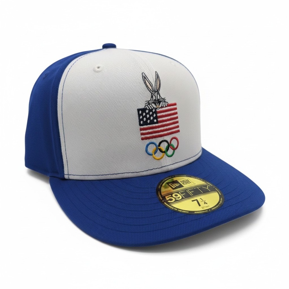 New Era 59FIFTY Looney Tunes Bugs Bunny USA Flag Olympic Hat Blue White 7 1/4